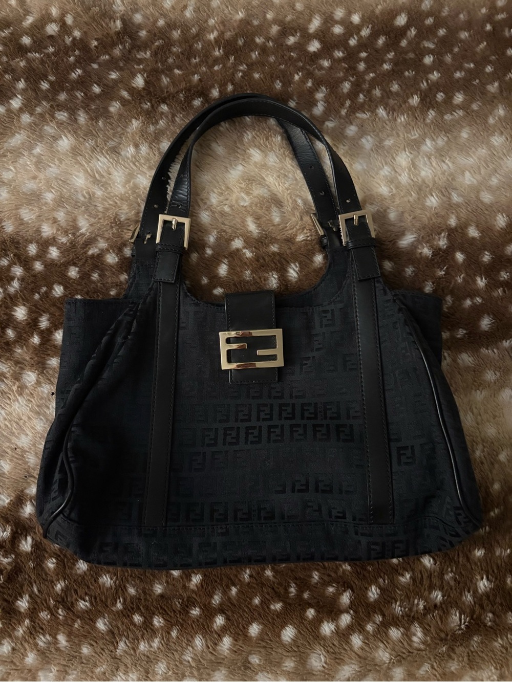 Fendi Black Logo-Pattern Shoulder Bag with Gold Hardware